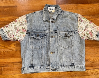 Jaren 80 stone wash denim jack met gebloemde mouwen, medium