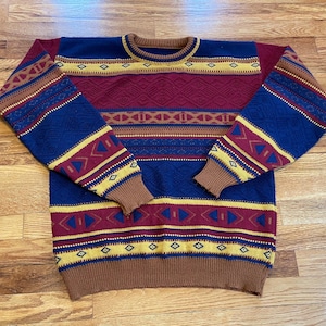 colorful 80s new wave style indie sweater Coogi style textured striped one of a kind unique grandma chic fashion weird hipster fun Christmas