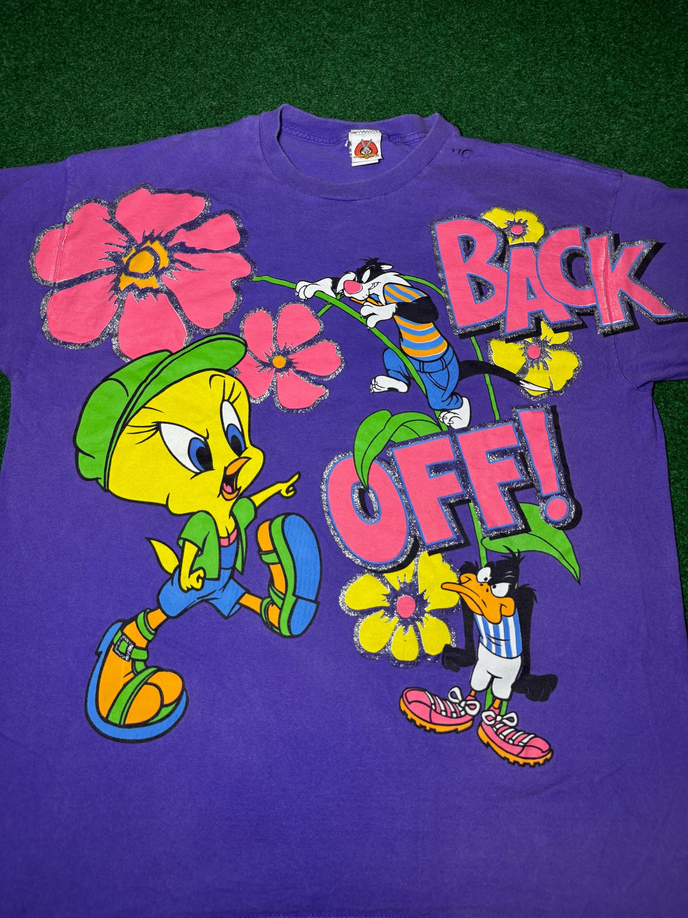 Crazy 90s Purple All Over Print Tweety Sylvester Daffy Duck T