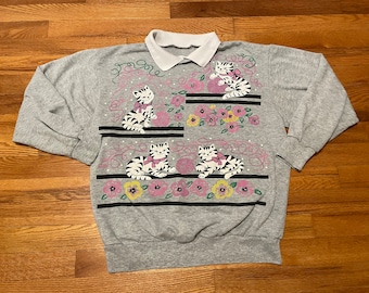 incredibly cute 80s cat sweater sweatshirt kitten collared unique one of a kind hipster women’s medium