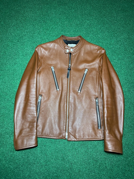 Vintage Y2K Brown Coach Lamb Leather Coat, Zip up Motorcycle 