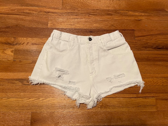 80s white booty shorts distressed LA Gear denim b… - image 1