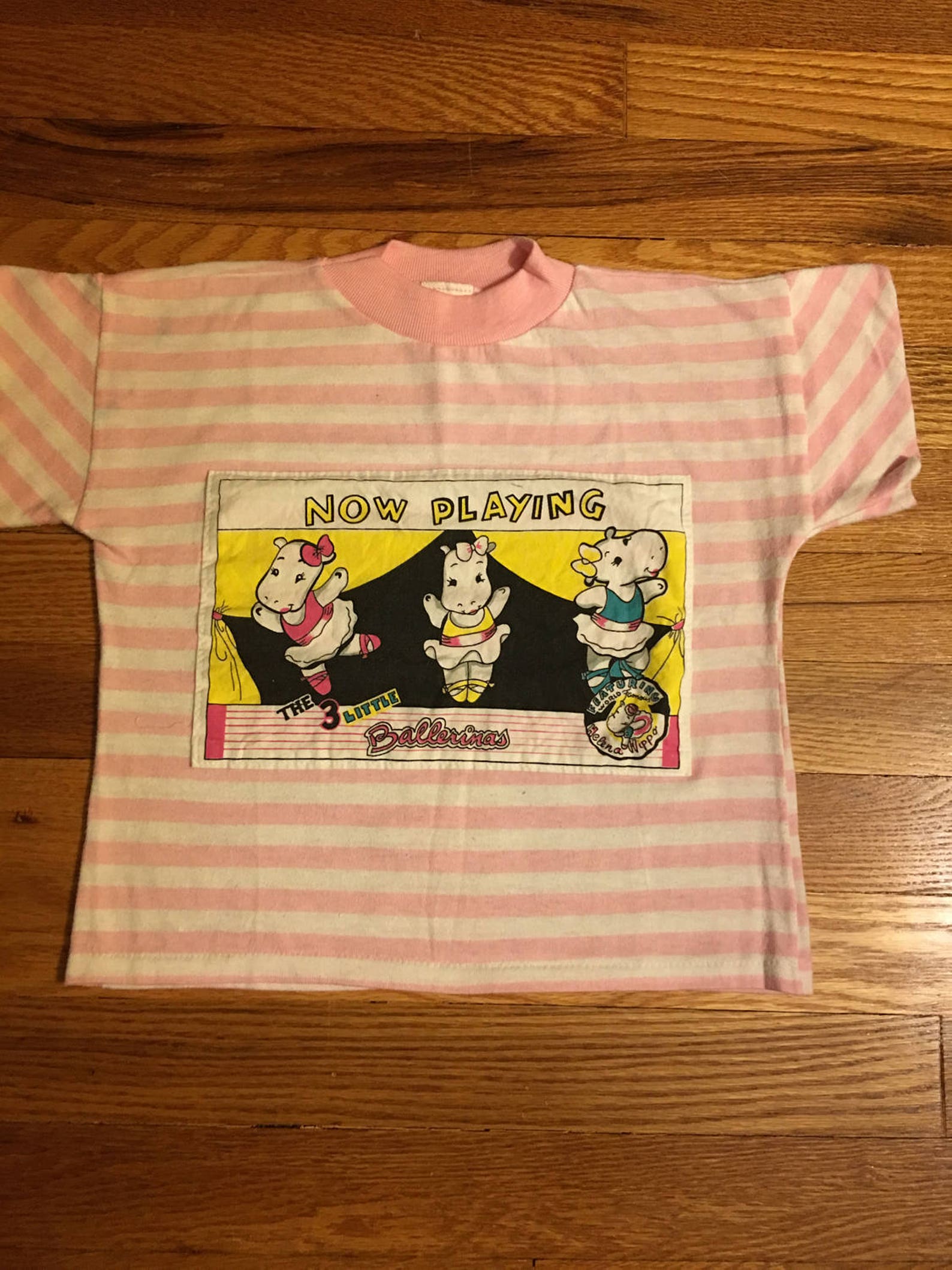 80s the 3 little ballerinas featuring helena hippo vintage t-shirt rare striped cute pink kids children ballet shoes book fun fu