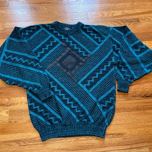 insane textured 80s new wave abstract sweater leather patches unique geometrical Coogi style large teal aspetuck trading co.
