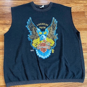80s Harley Davidson “America’s Pride” vintage sleeveless sweatshirt crewneck biker sweater Eagle 3d emblem extremely rare hog pig motorcycle