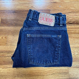 classic fashion blue jeans denim timeless boot leg 90s Guess brand pants low waist size 31 badass lumberjack designer striped shirt
