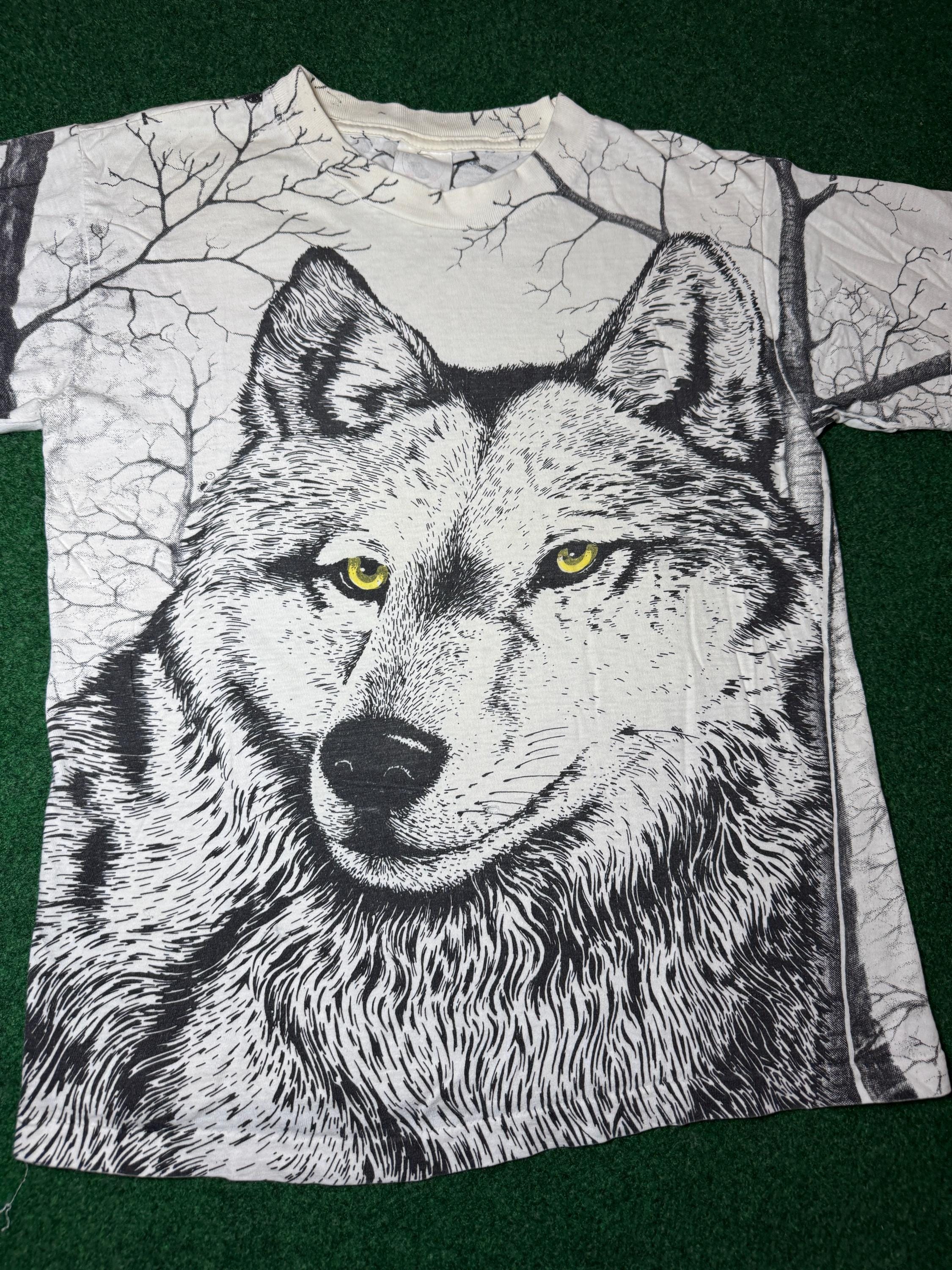 Vintage 90s Wolf All Over Print T-shirt, Wilderness Wolves, Medium