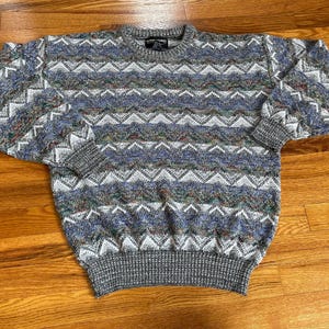May include: A multi-colored sweater with a chevron pattern in shades of blue, white, and gray. The sweater has a crew neck and a ribbed hem.