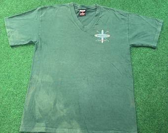 90s Hawaii Surf Team t-shirt green v neck large long board surfing trendy