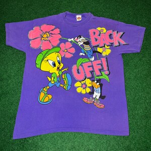 crazy 90s purple all over print Tweety Sylvester Daffy Duck T-shirt vintage XL