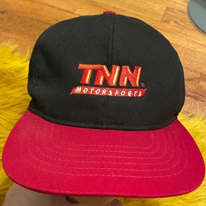 90s TNN Motorsports vintage snapback hat baseball cap red black nascar racing driving dad fashion gift present Christmas wcw shirt retro