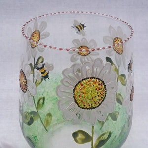 Daisies And Bumblebees Hand Painted Tealight -  Votive Candle Holder - Christmas, Birthday, New Home Wedding Gift