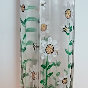 Tall decorative bud vase, hand painted glass, daisies, bees, ladybirds, daisy flowers, new home, anniversary, wedding, engagement gifts