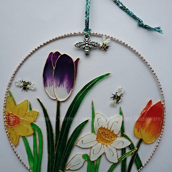 Spring Flowers Hand Painted Glass Sun Catcher, Hanging Ornament, Tulips, Daffodils, Narcissi, Bees, Mothers Day, Thank You, Birthday Gift
