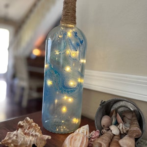 Ocean Inspired Accent Light Bottle - Hand Painted Glass Bottle with Fairy Lights - 7/23 - Upcycled Bottle Lamp