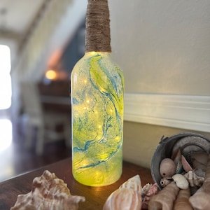 Ocean Inspired Accent Light Bottle - Hand Painted Glass Bottle with Fairy Lights - 19/23 - Upcycled Bottle Lamp
