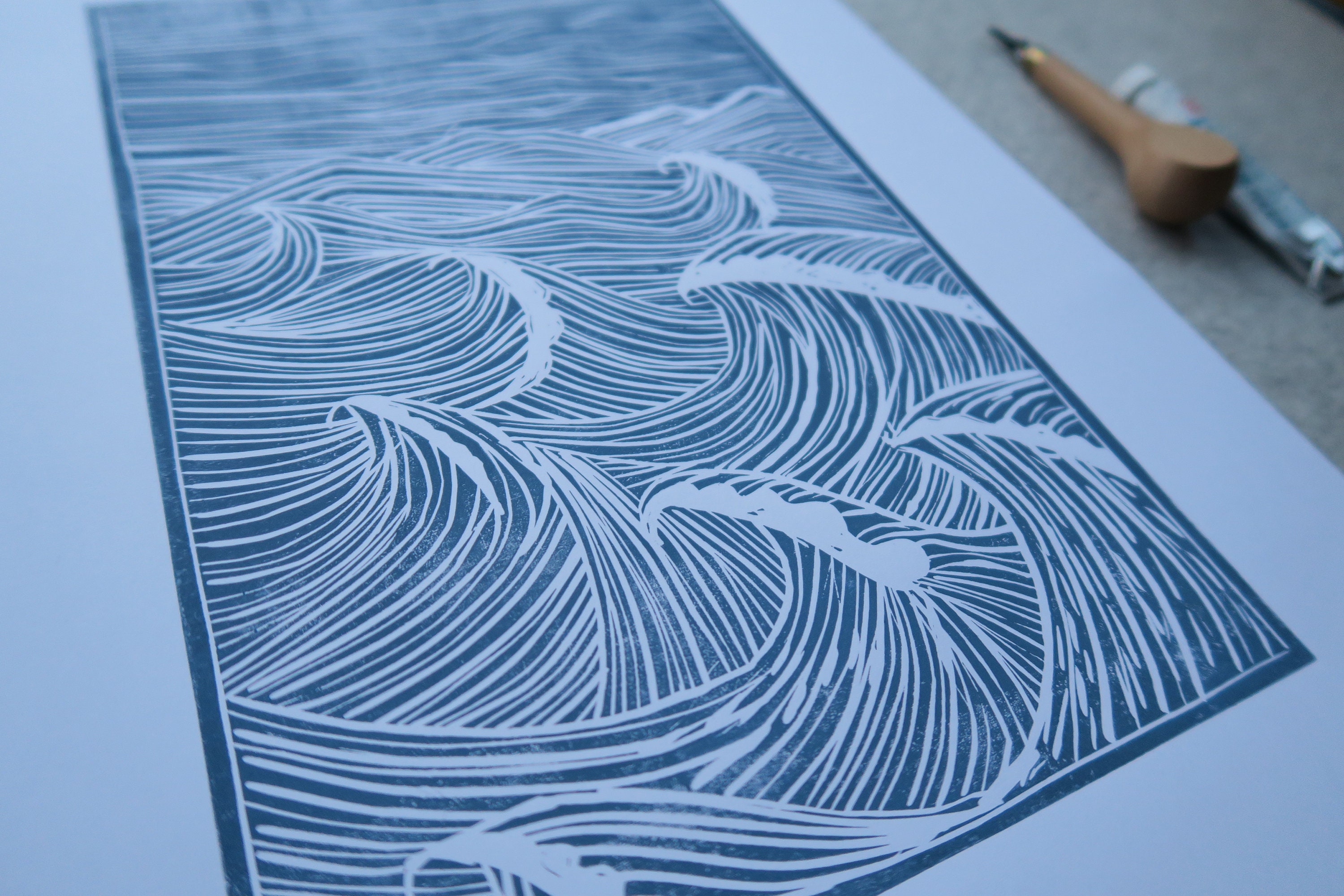 Blue Waves Lino Cut Print in Ocean Home Decor Linocut Etsy