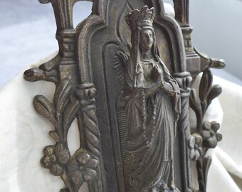 Vintage French Bronzed Water Stoup, Crowned Figure of Virgin Mary, Patinated Spelter French Religious Statue, Benitier, Water Font.