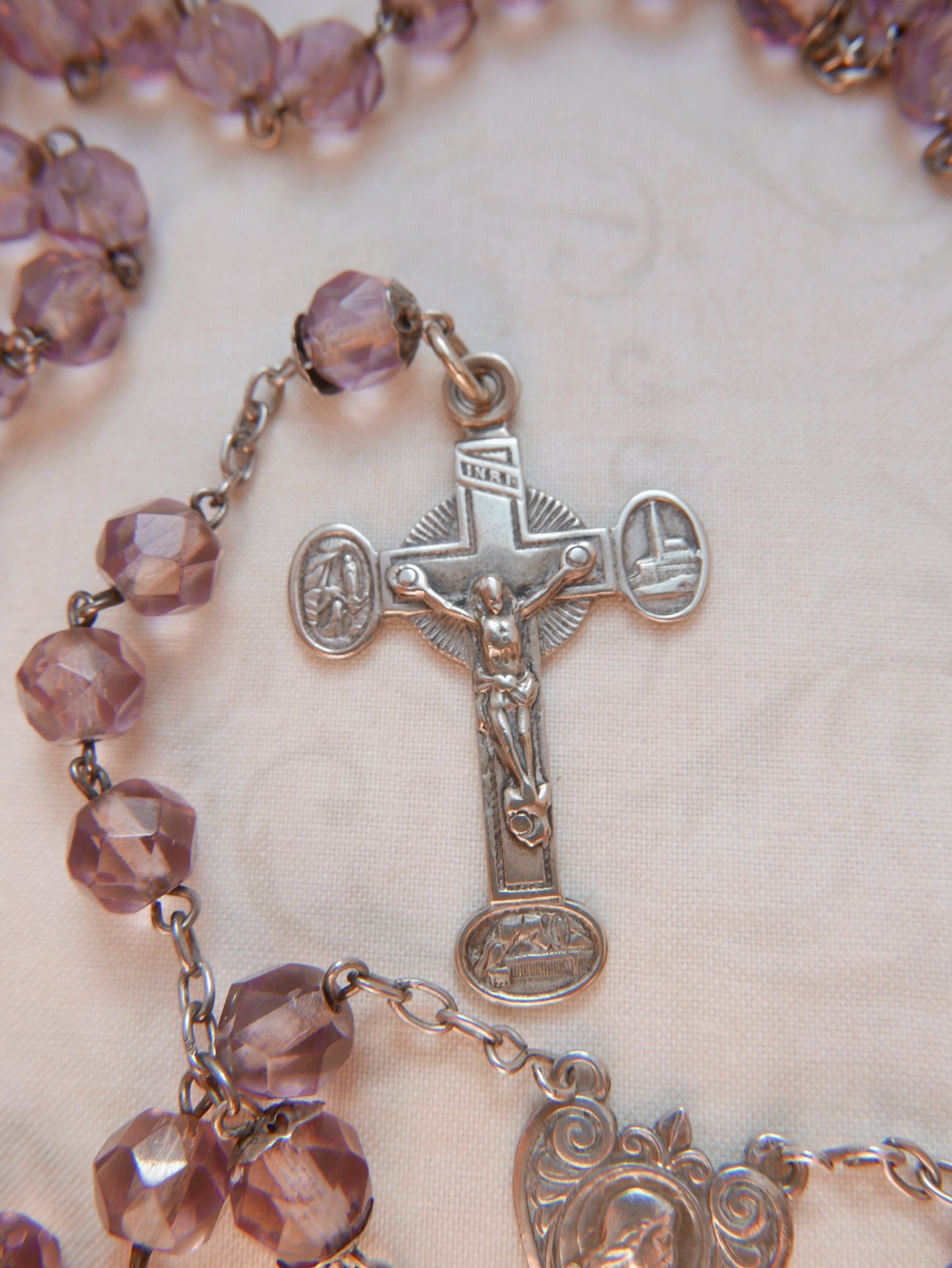 Rosaire Français Antique, Perles de Chapelet Français, Verre Coupées Lilas Du Chapelet, en Coupé, An