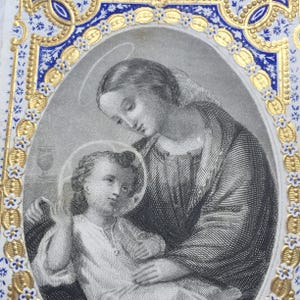 Vintage Franse vergulde religieuze kaart, kaart Canivet, Maagd Maria en kindje Jezus, heilige kaart, bijbelmarkering.