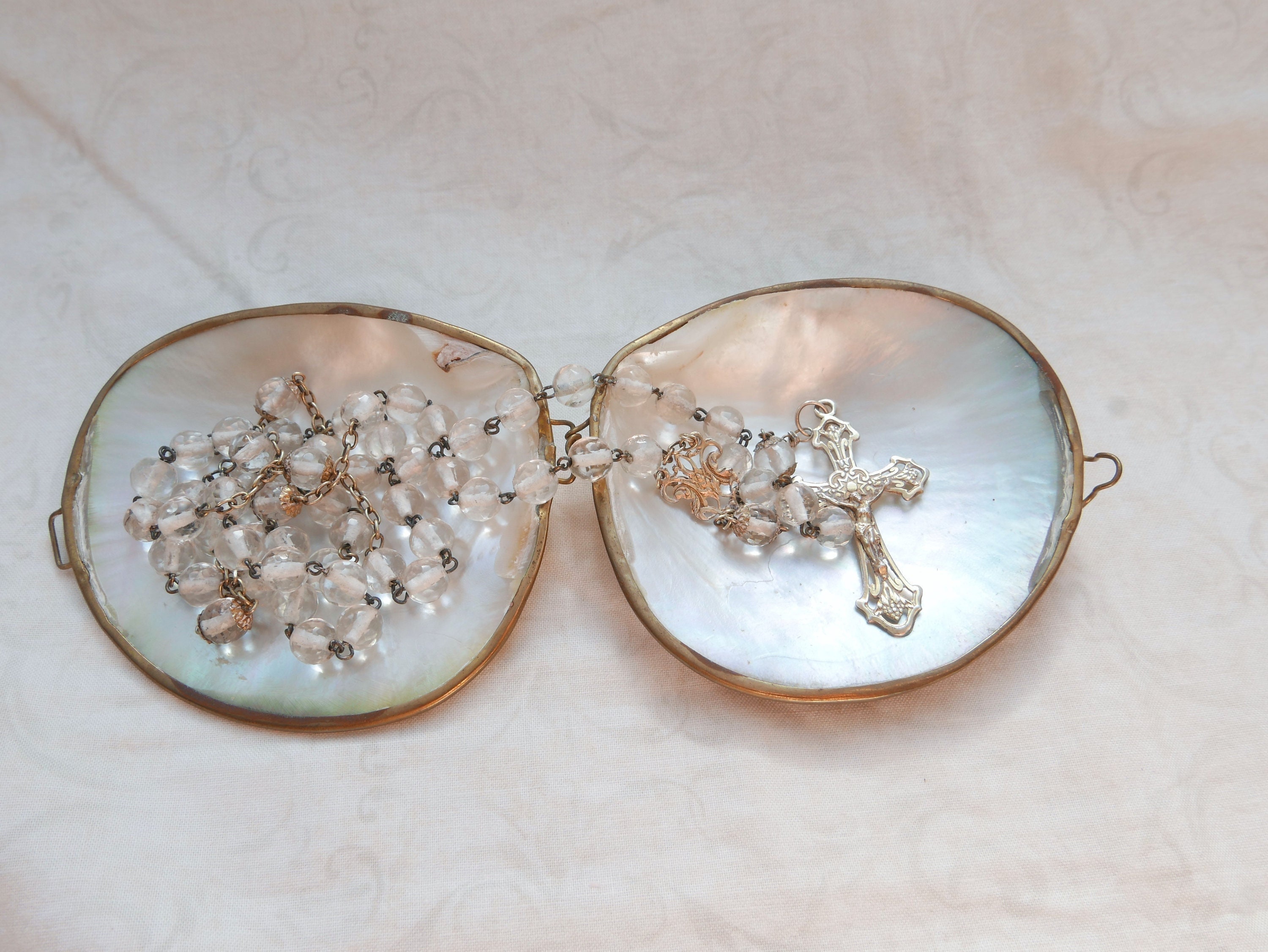 Chapelet Antique Français et Boîte à Coquillages, Perles de Chapelet en Verre Clair, Prière, Coquill