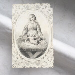 Immagine sacra antica in pizzo di carta francese, Vergine Maria, Gesù nella mangiatoia, regalo cattolico, immagine sacra religiosa, preghiera di Papa Pio IX, segnalibro per la Bibbia.