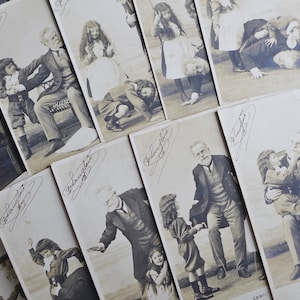 10 cartões postais franceses antigos, cartões postais franceses sépia, cartões da série Story, avô com filhos, scrapbooking, 1903.