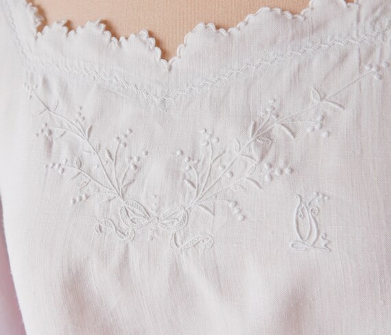 Antique French Linen Dress, Hand Embroidered Linen