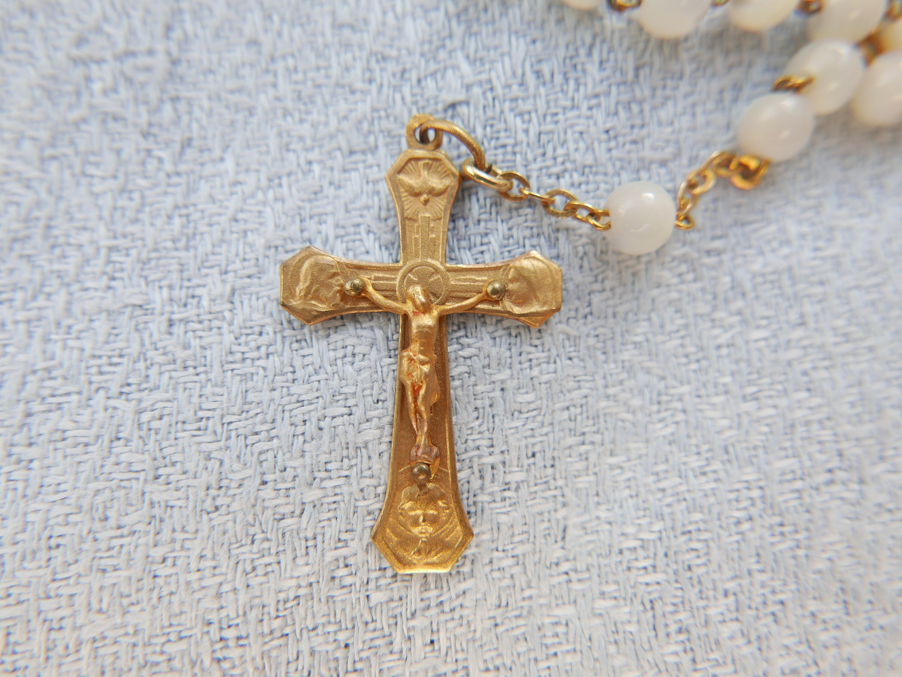 Français Rosaire Doré avec Perles de Verre, Baptême ou Don Première Communion, Français Chapelet Des