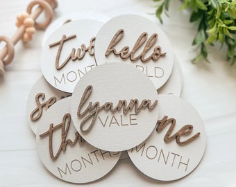 3D Wooden Monthly Milestone Discs For Baby Photos + Matching Nameplate | Monthly Milestone Marker | Milestone Cards | Monthly Signs For Baby