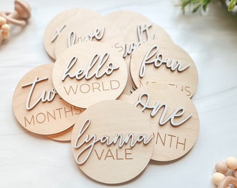 3D Wooden Monthly Milestone Discs For Baby Photos + Matching Nameplate | Monthly Milestone Marker | Milestone Cards | Monthly Signs For Baby