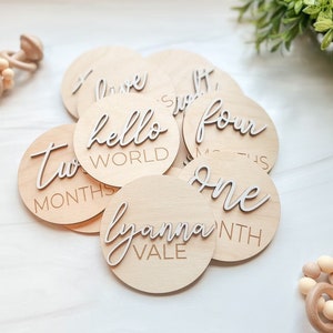 3D Wooden Monthly Milestone Discs For Baby Photos + Matching Nameplate | Monthly Milestone Marker | Milestone Cards | Monthly Signs For Baby