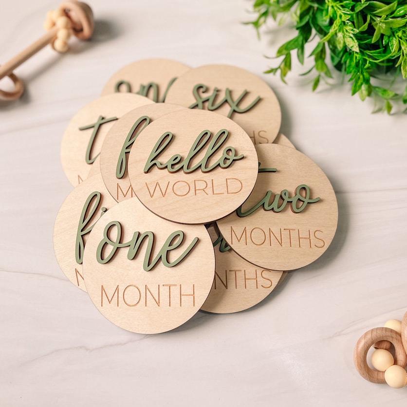 3D Wooden Monthly Milestone Discs With Sage Letters for Baby Photos ...