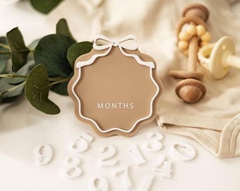 Interchangeable Acrylic Bow Monthly Milestone Markers | Matching Birth Announcement Sign | 1 Month-1 Year Milestone Markers |Baby Photo Prop