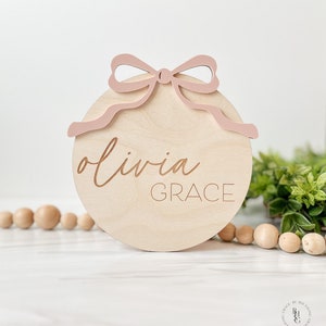 Bow Baby Announcement Sign With Birth Stats | Matching Name Plate | Baby Girl Birth Announcement | Personalized Baby Name Sign