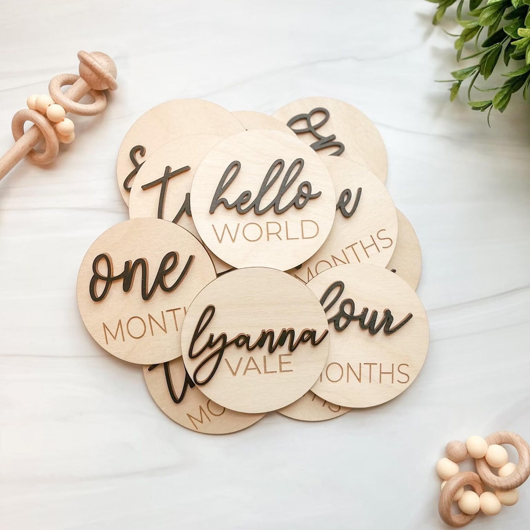 3D Wooden Monthly Milestone Discs for Baby Photos + Matching Nameplate ...