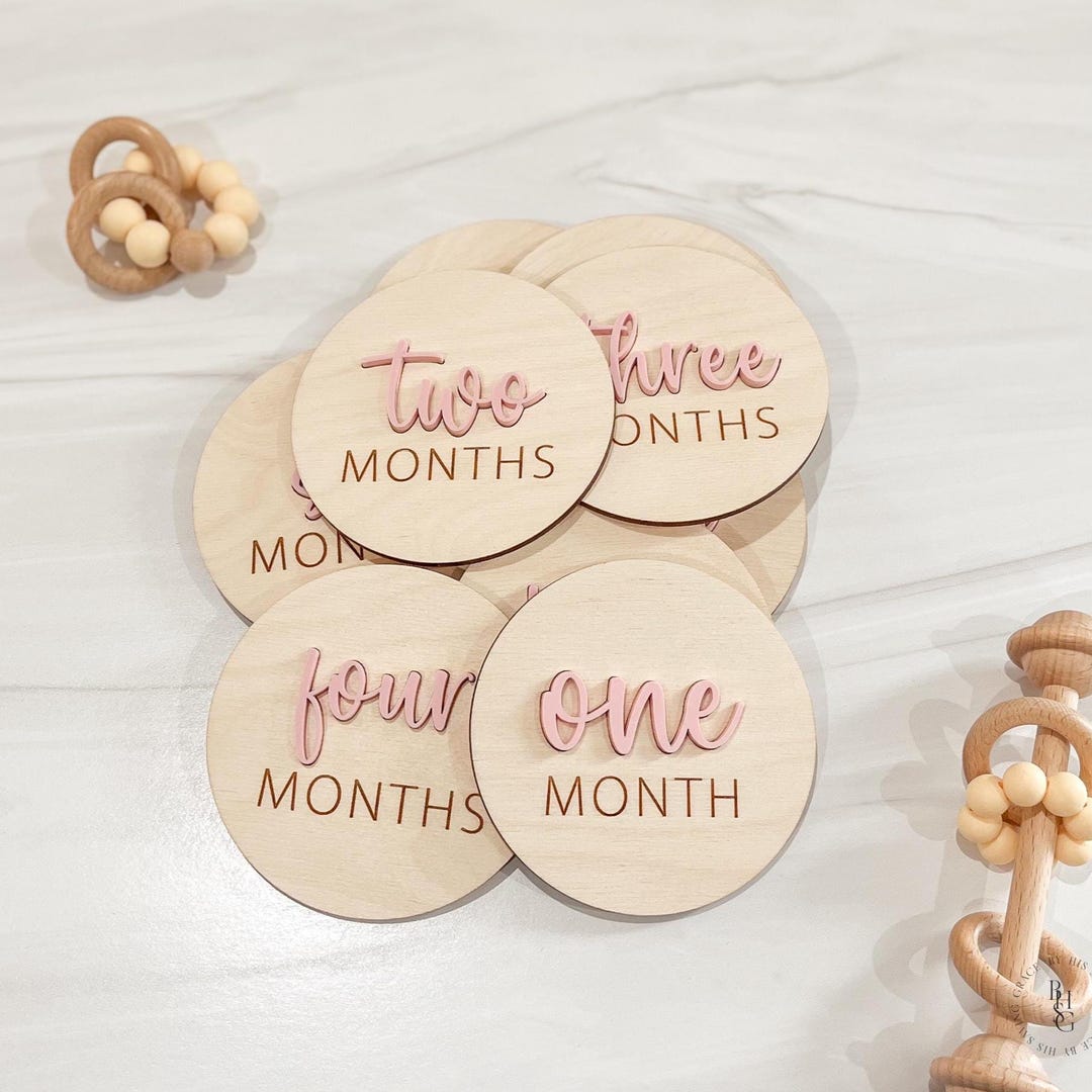 3D Wooden Monthly Milestone Discs for Baby Photos With Light Pink ...