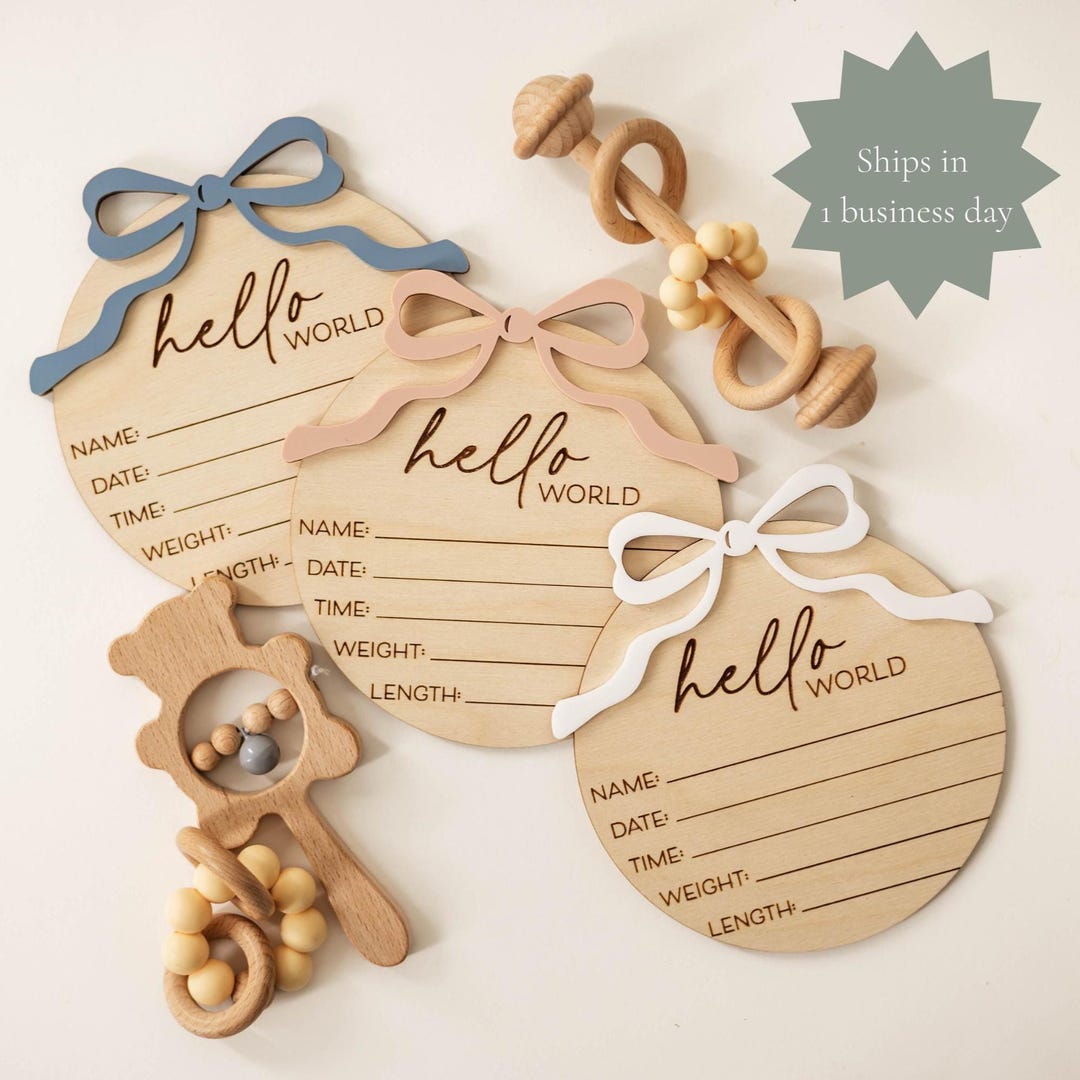 Hello World Bow Baby Announcement Sign With Birth Stats - Etsy
