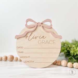 Bow Baby Announcement Sign With Birth Stats | Matching Name Plate | Baby Girl Birth Announcement | Personalized Baby Name Sign