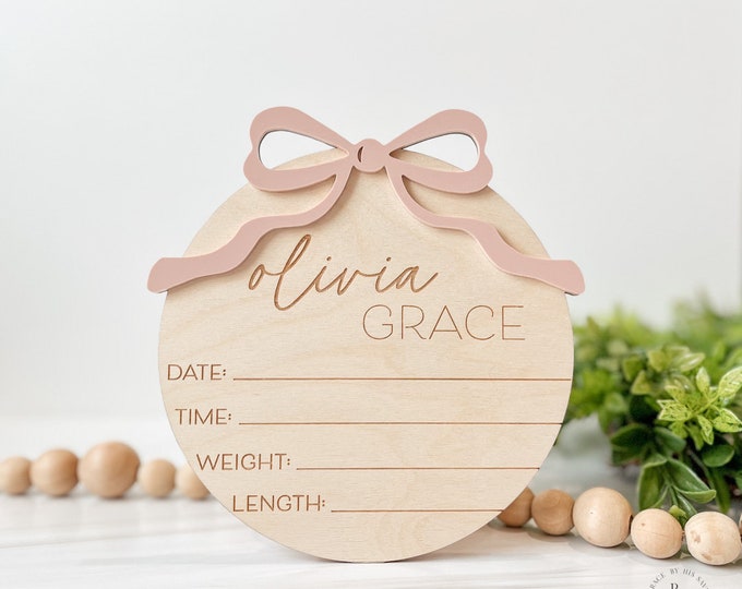 Bow Baby Announcement Sign With Birth Stats | Matching Name Plate | Baby Girl Birth Announcement | Personalized Baby Name Sign