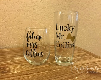 Future Mrs. Wine Glass | Mr. Lucky Pint Glass | Bride To Be | Stemless Wine Glass | Engagement Gift | Engaged | Engagement Gift For Couples