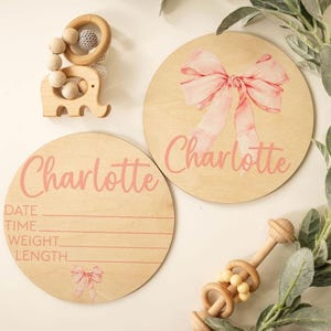 Bow Baby Announcement Sign With Birth Stats | Matching Name Plate | Baby Girl Birth Announcement | Personalized Baby Name Sign