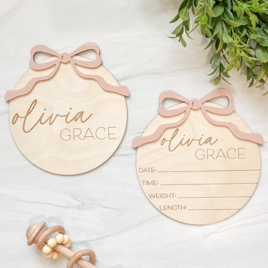 Bow Baby Announcement Sign With Birth Stats | Matching Name Plate ...