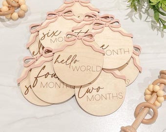 Bow Wooden Monthly Milestone Discs For Baby Photos | Monthly Milestone Marker | Milestone Cards | Monthly Signs For Baby Girl