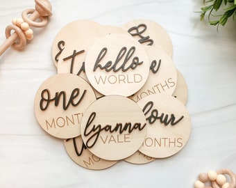 3D Wooden Monthly Milestone Discs For Baby Photos + Matching Nameplate | Monthly Milestone Marker | Milestone Cards | Monthly Signs For Baby