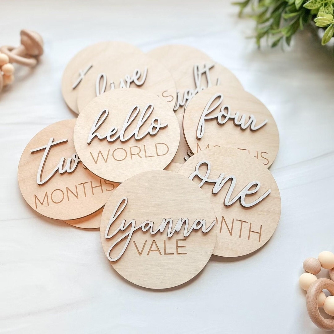 3D Wooden Monthly Milestone Discs for Baby Photos + Matching Nameplate ...