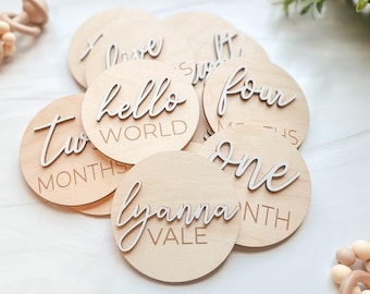 3D Wooden Monthly Milestone Discs For Baby Photos + Matching Nameplate | Monthly Milestone Marker | Milestone Cards | Monthly Signs For Baby
