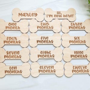 May include: A collection of wooden dog bone-shaped milestone markers. Each marker is engraved with text, including "Marley," "Hi, I'm new here!," and months one through twelve. The markers are made of light-colored wood.