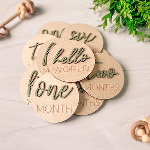 3D Wooden Monthly Milestone Discs With Sage Letters For Baby Photos | Monthly Milestone Marker | Milestone Cards