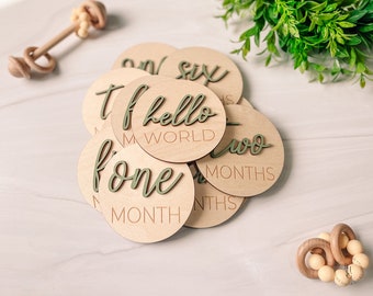 3D Wooden Monthly Milestone Discs With Sage Letters For Baby Photos | Monthly Milestone Marker | Milestone Cards